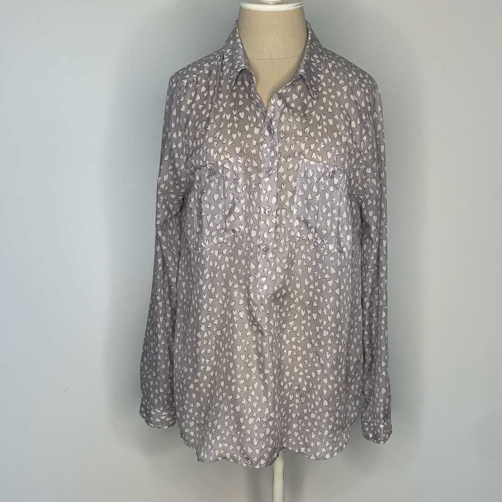 LOFT Sheer Gray and a White Heart Button Blouse M